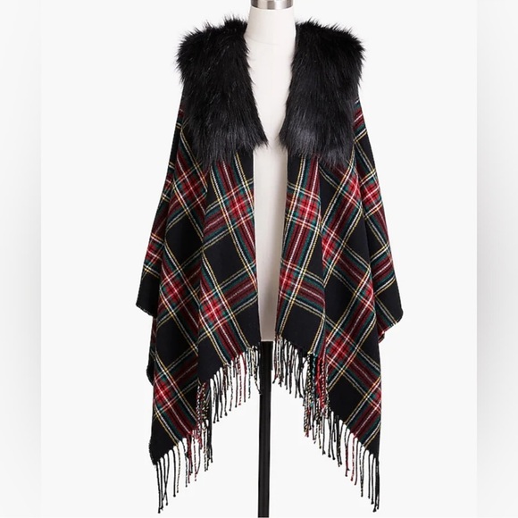 J. Crew Accessories - J. Crew Black Plaid Wrap with Faux Fur Collar